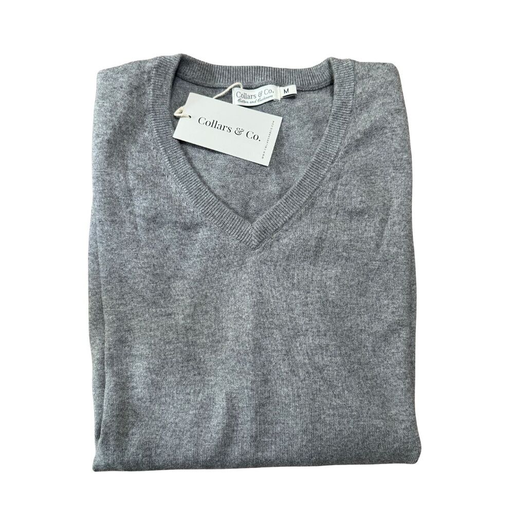 COLLARS & CO Luxury Touch V Neck Sweater Medium Gray Cotton Cashmere NWT